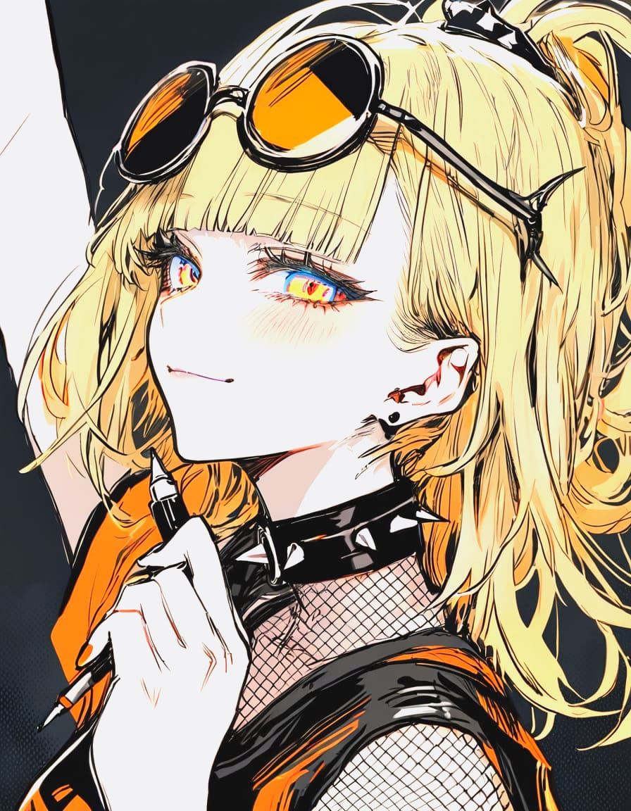 Monochrome Punk Girl with Yellow Hair and Sunglasses