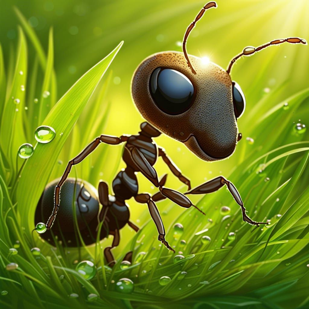 a very cute ant scuttles through the grass, grass blades are taller then the ant, the sun shines down, the occasional ro...