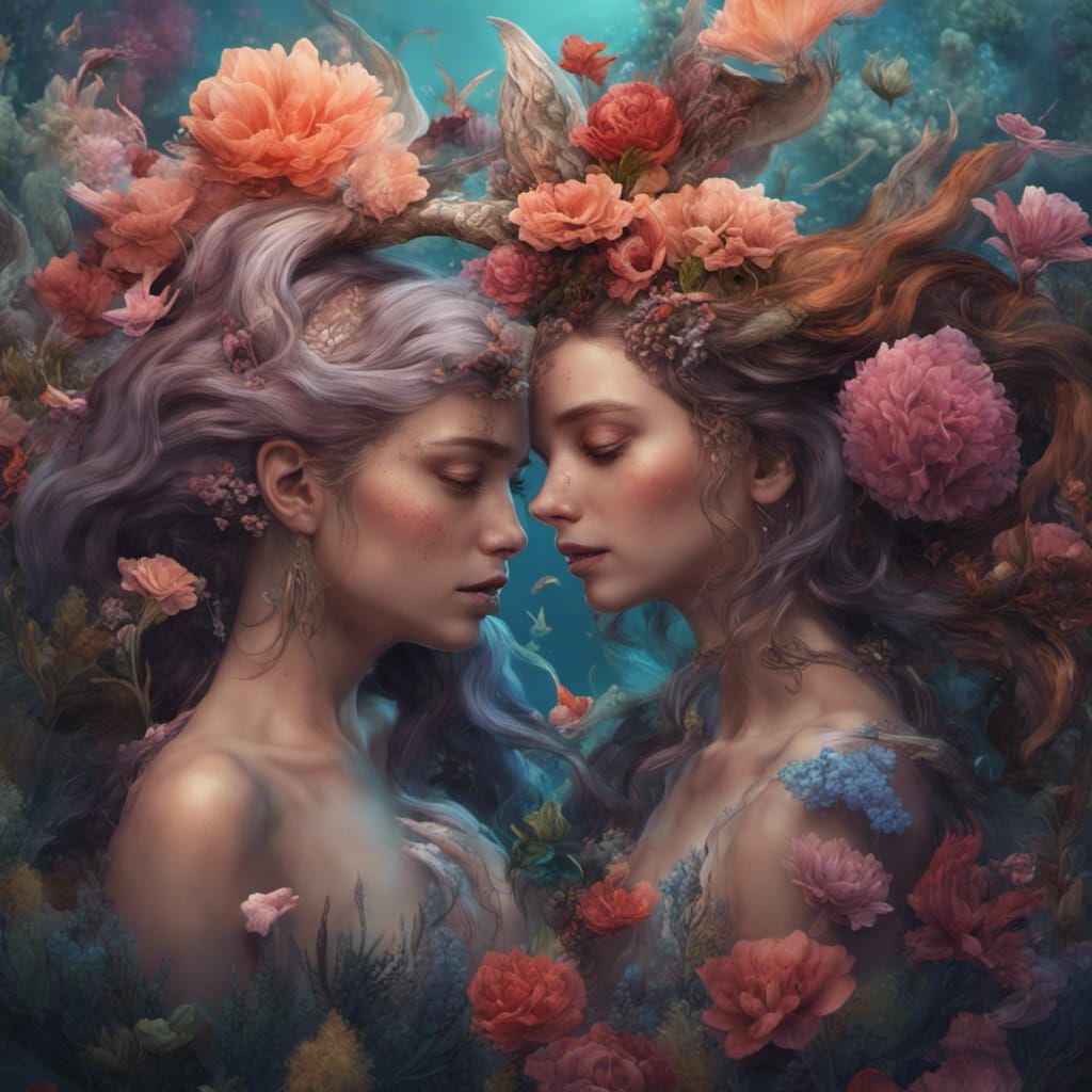 Enchanting Mermaids Adorned with Flowers: Digital Art