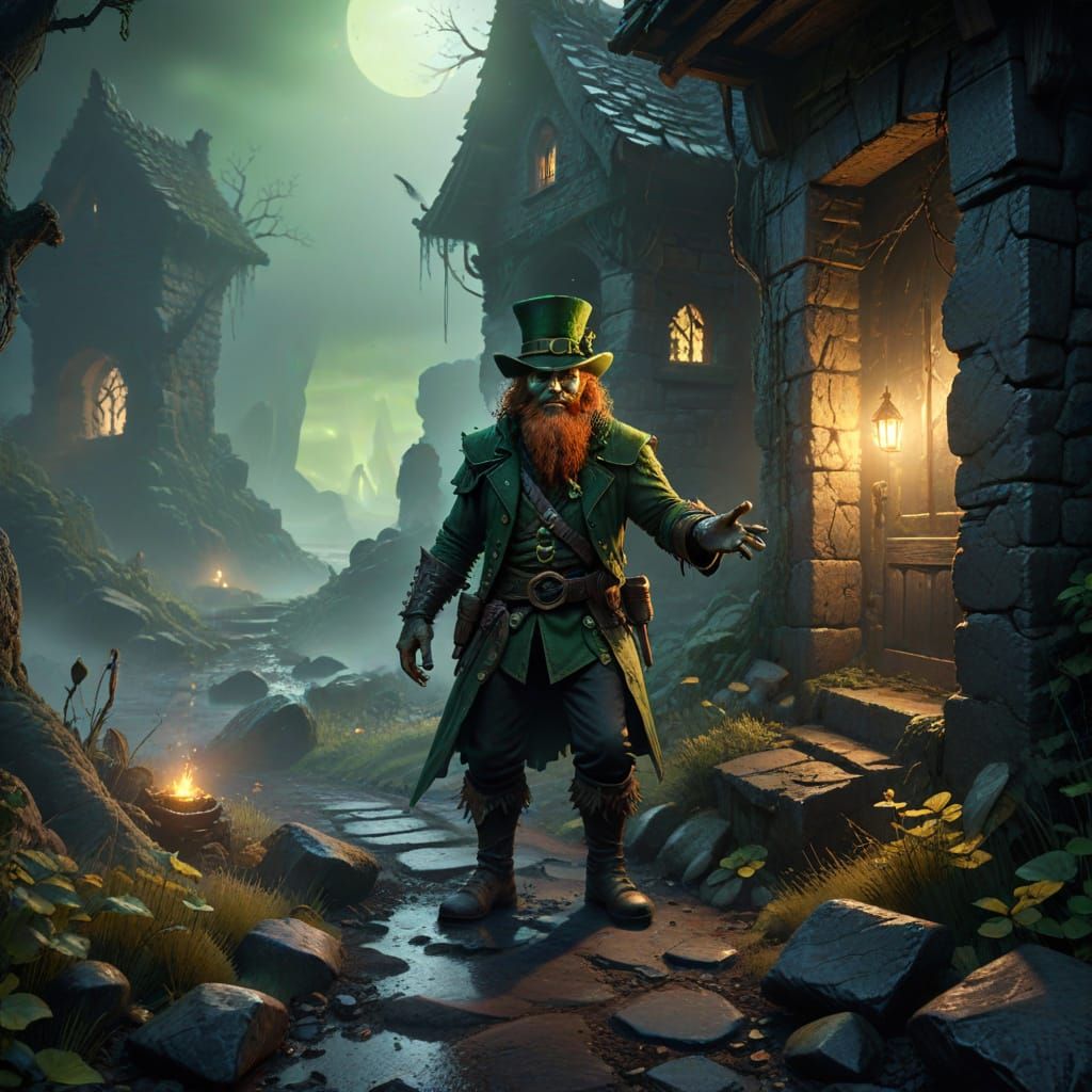 Evil Leprechaun Silhouette in Ancient Irish Cottage