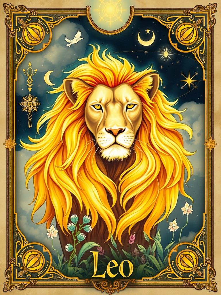Majestic Golden Lion Illuminated Zodiac Artwork