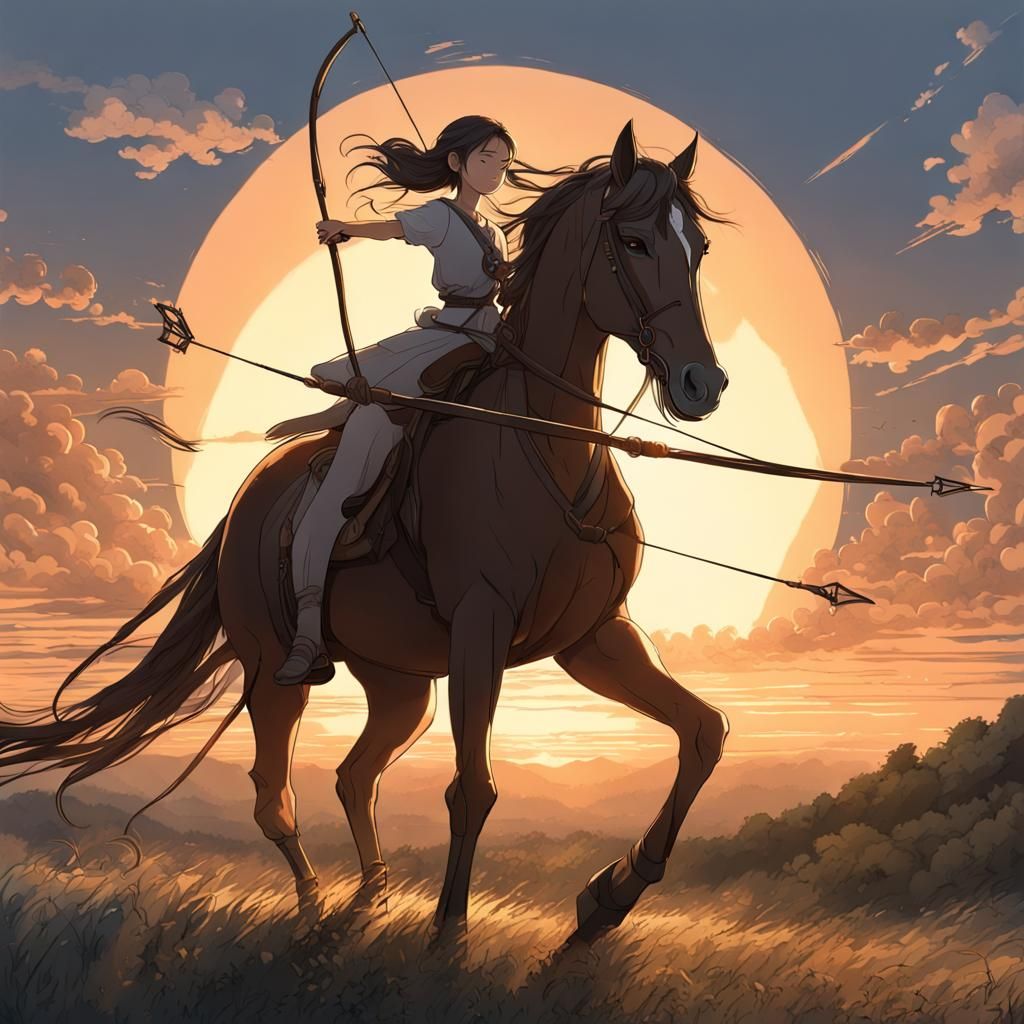 Woman on Horseback: Dramatic Black and White Anime Art