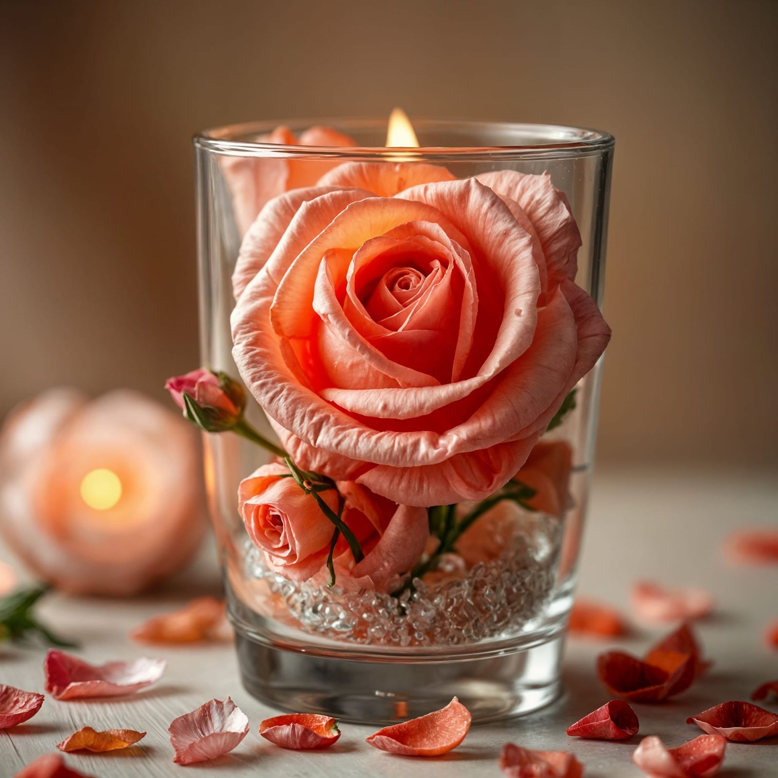 Elegant Candle in a Glass Holder with Delicate Roses