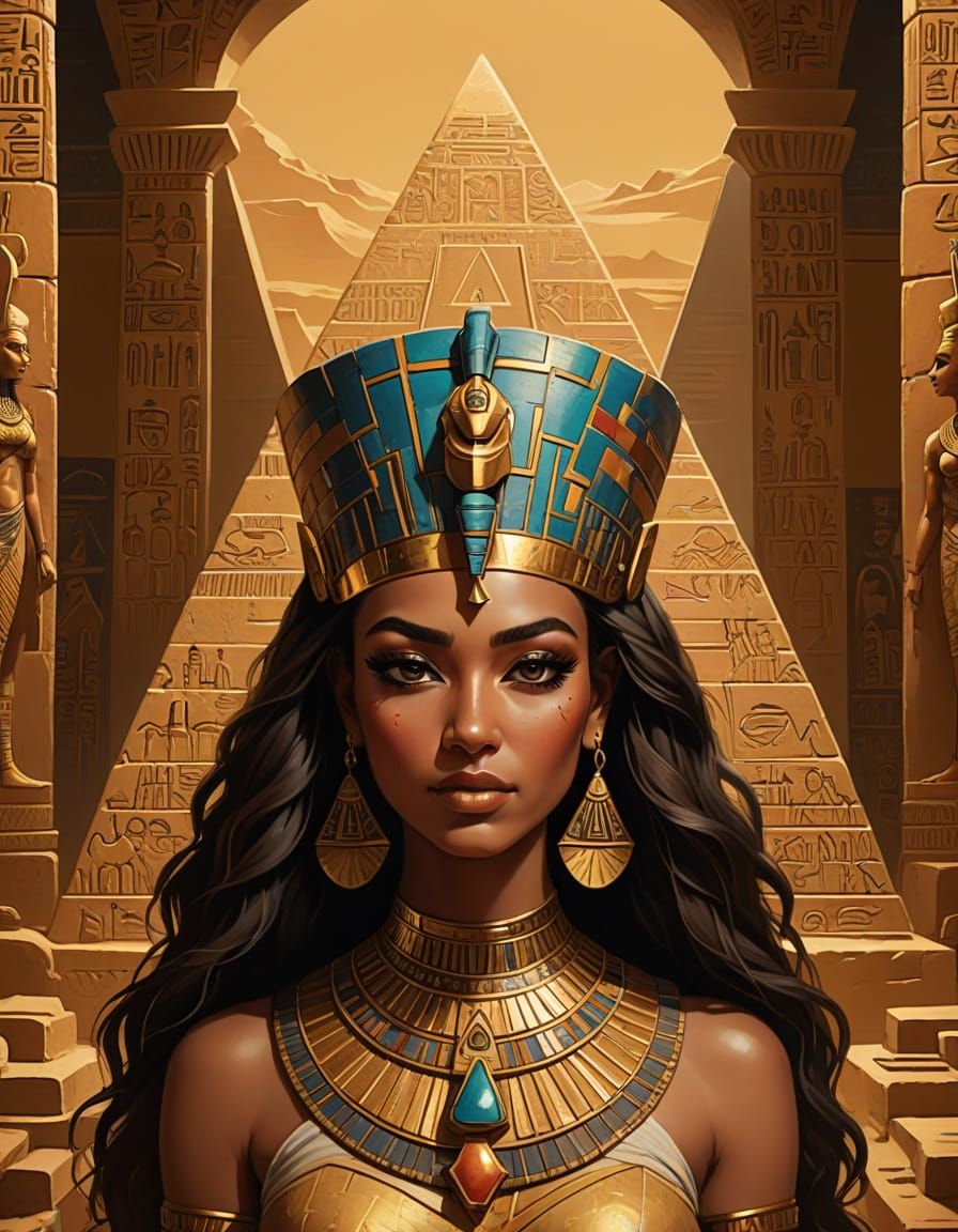 Beautiful Girl Poses in Egyptian Pyramid, Digital Painting