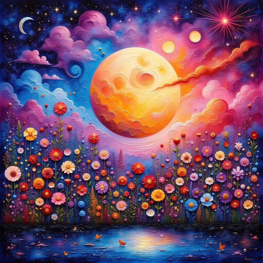 Whimsical Fantasy Garden in Vibrant Mixed Media Style