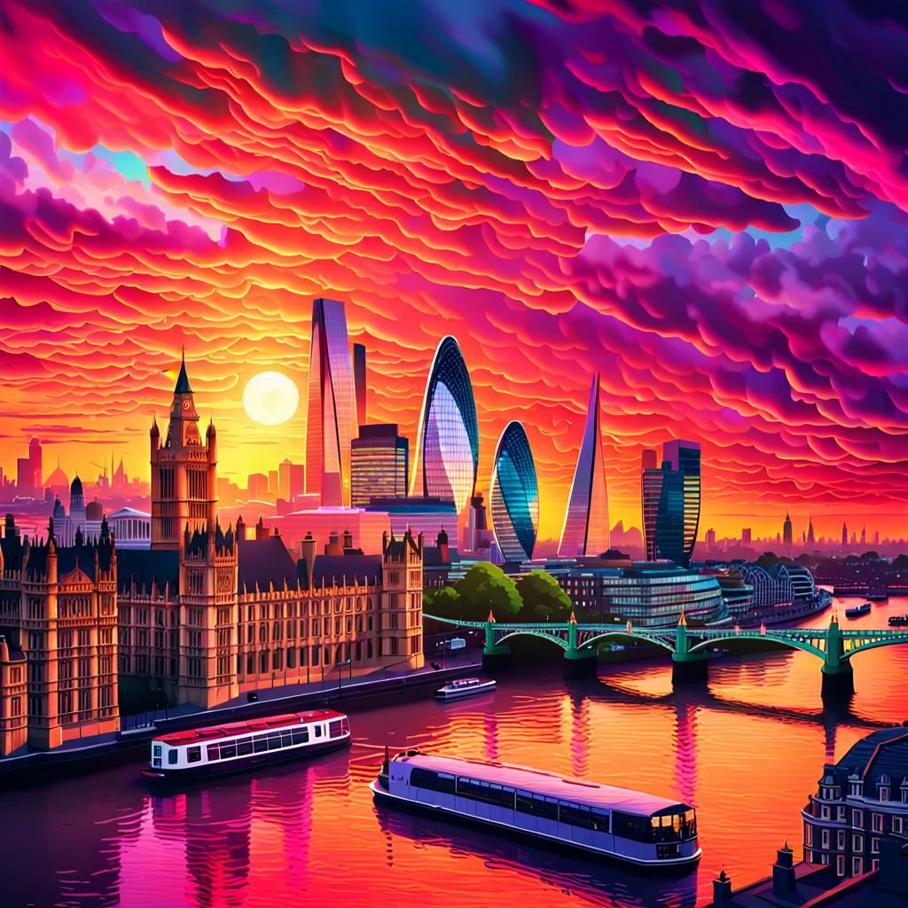 London Cityscape and Thames River at Sunset