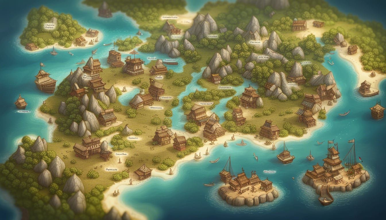 Pirate World Map with Islands, Towns and Ports