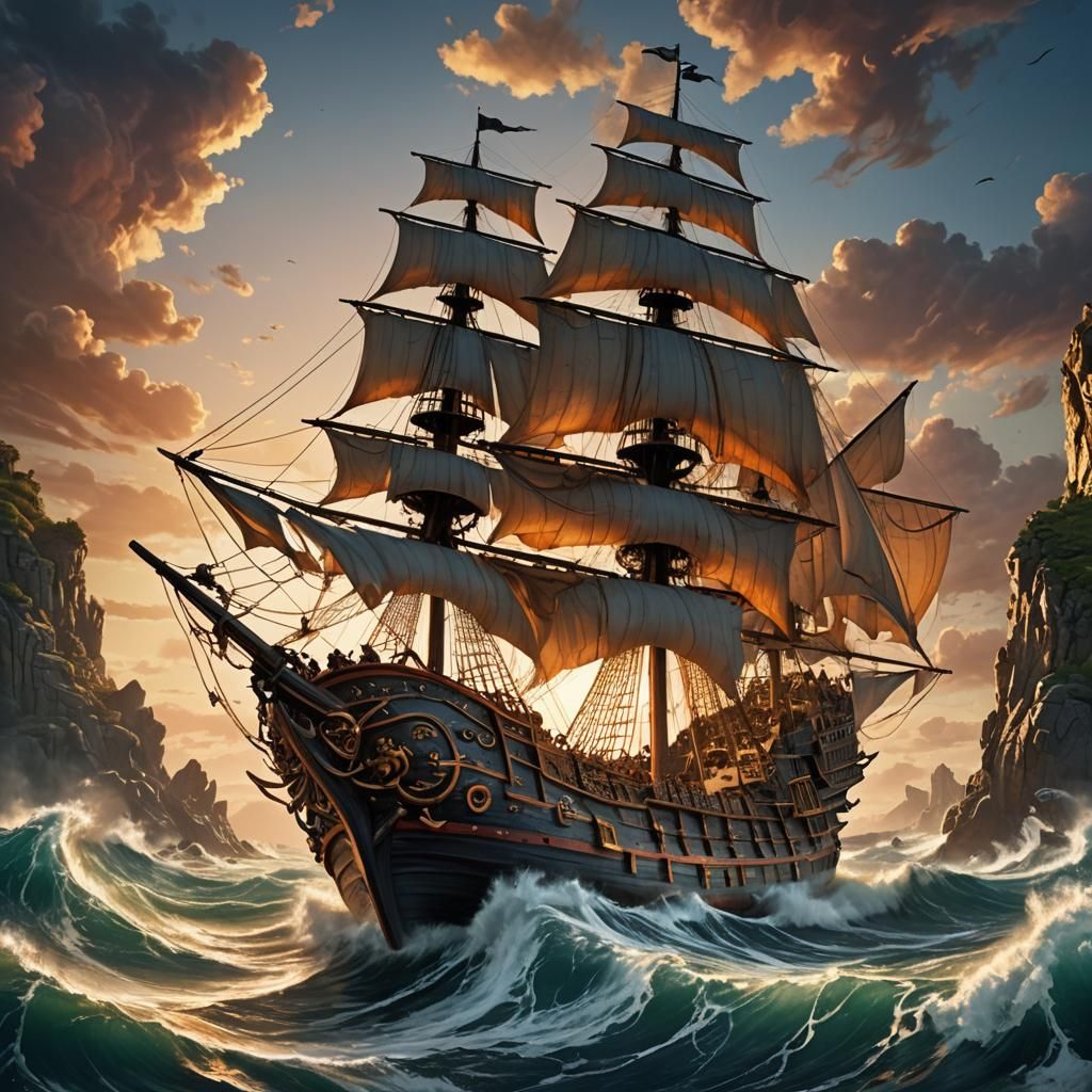Pirate Ship on Stormy Sea: Fantasy Concept Art