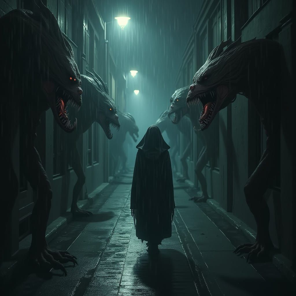 Twisted Virus Entity Walks Dark Alley, Surrounded by Grotesq...