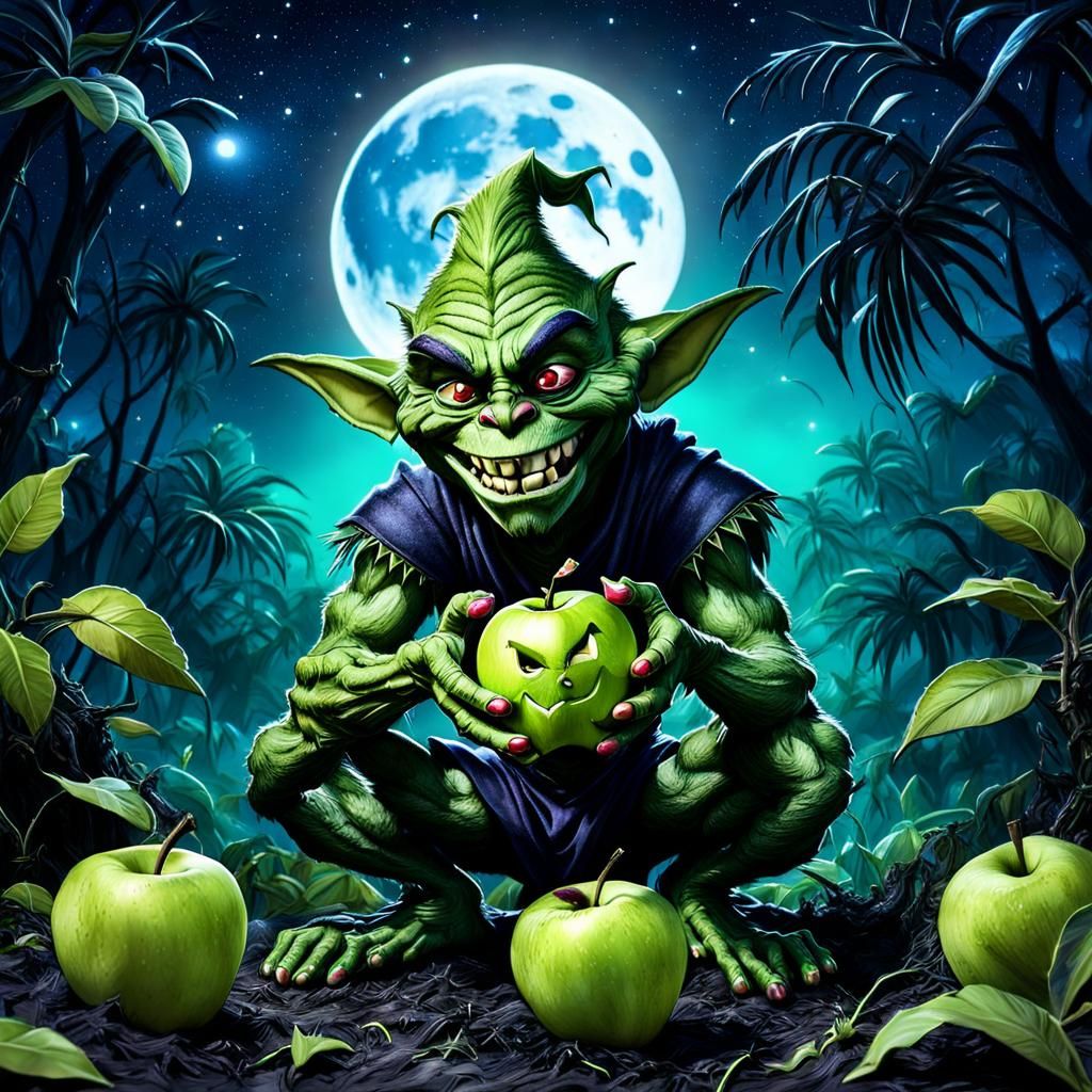 Friendly Green Goblin Eats Rotten Apple in Jungle