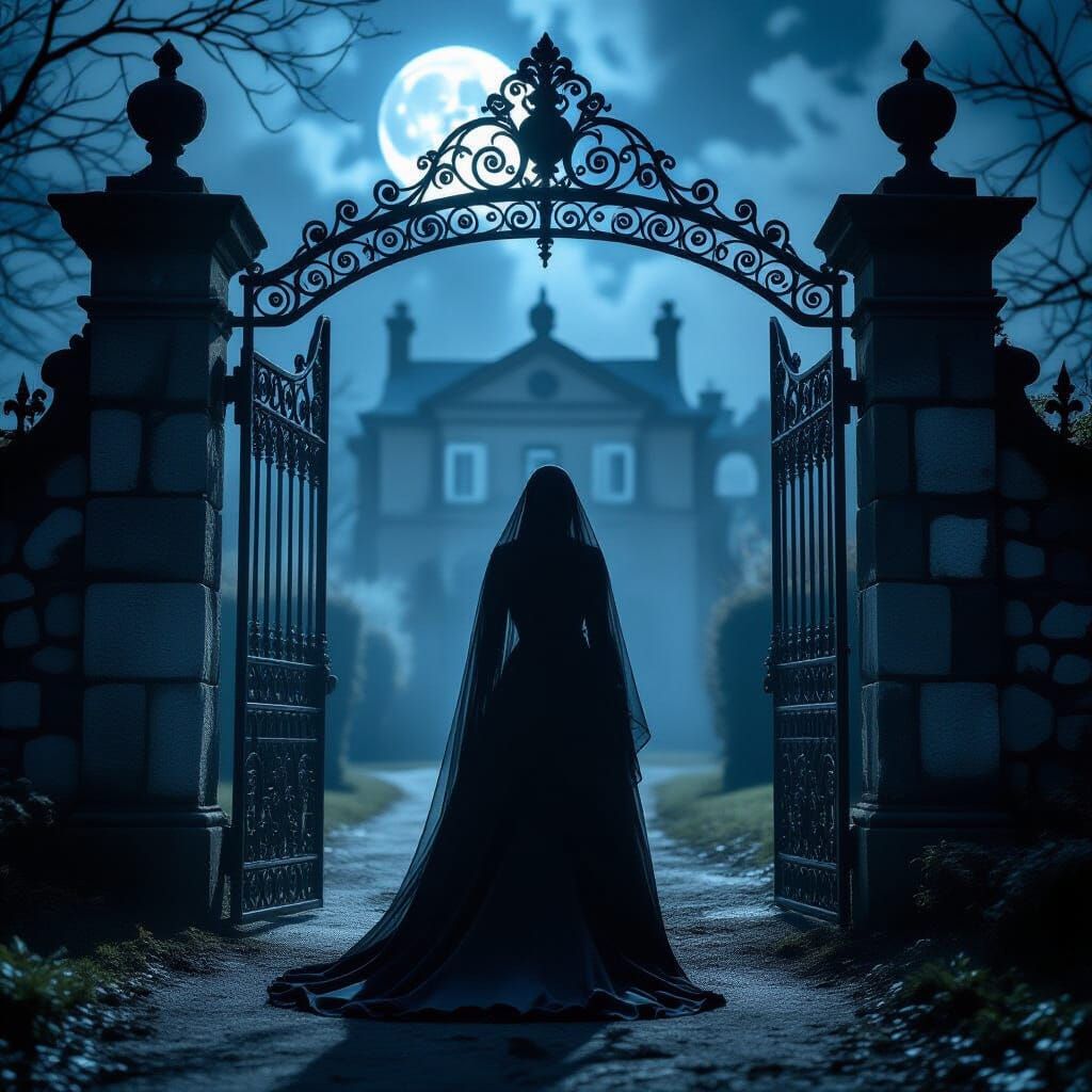 A spectral figure, cloaked in shadow and moonlight, stands b...