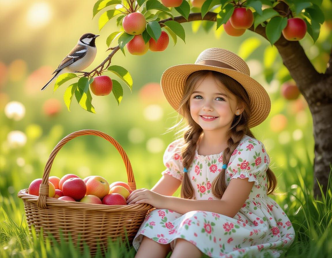 Charming Peasant Girl Resting Under Apple Tree