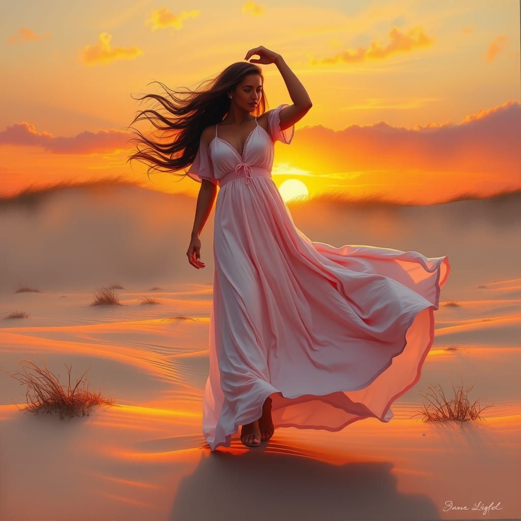 Radiant Woman Dancing at Sunset in Impasto Style