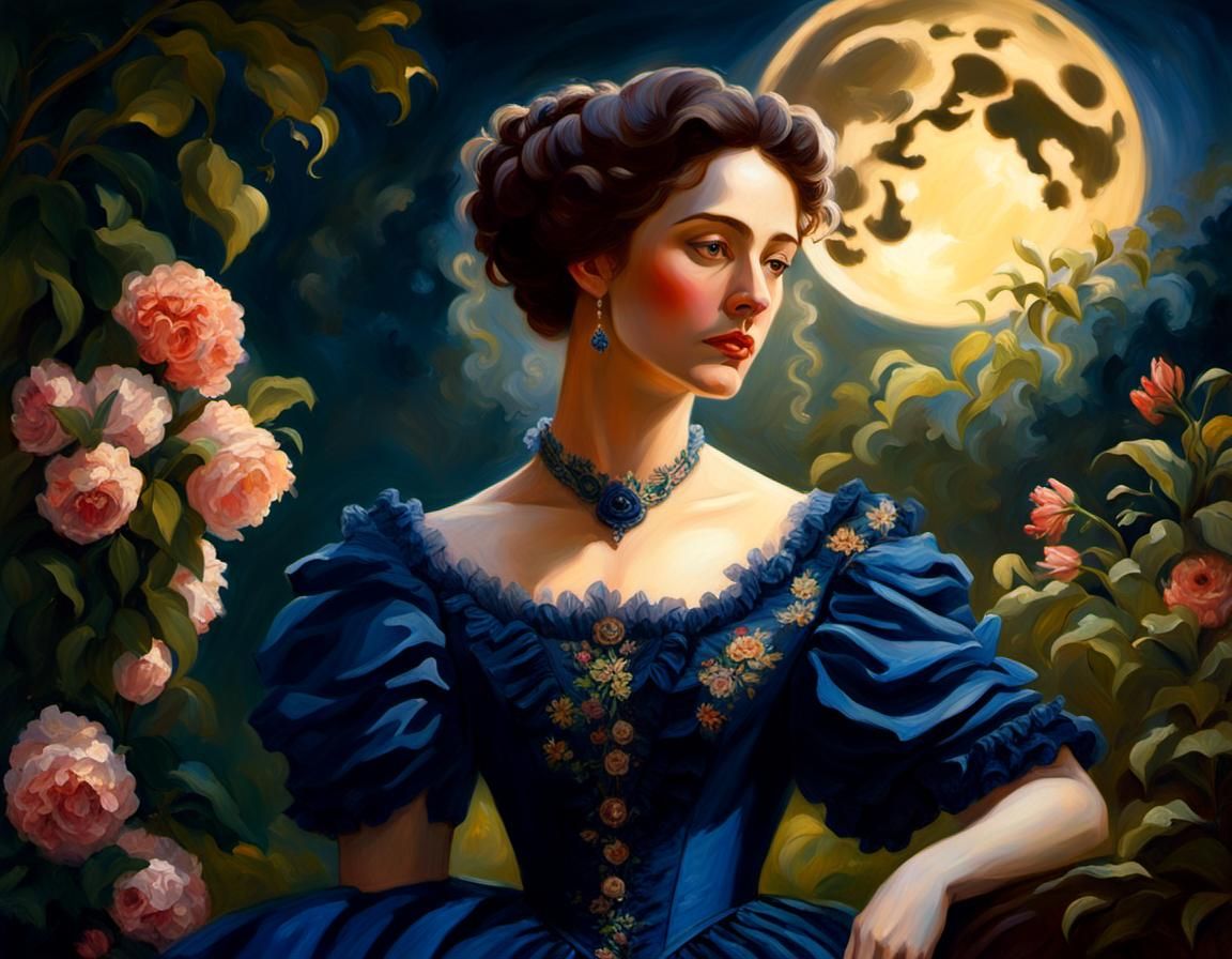 Victorian Woman in Blue Gown Oil Painting
