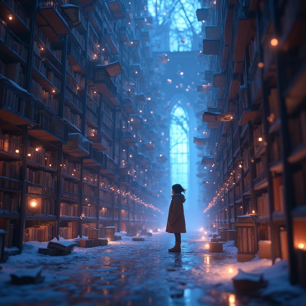 Whimsical Midnight Library Dreamscape in Cinematic 3D