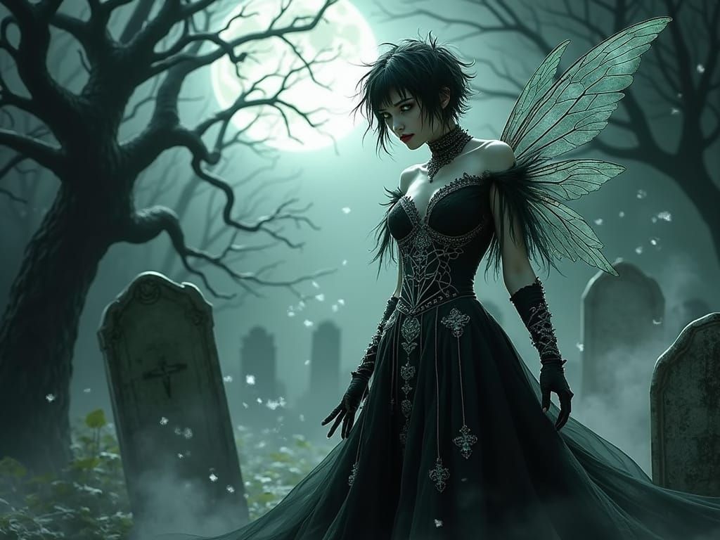 Gothic Fairy Amidst Moonlit Graveyard Mystery
