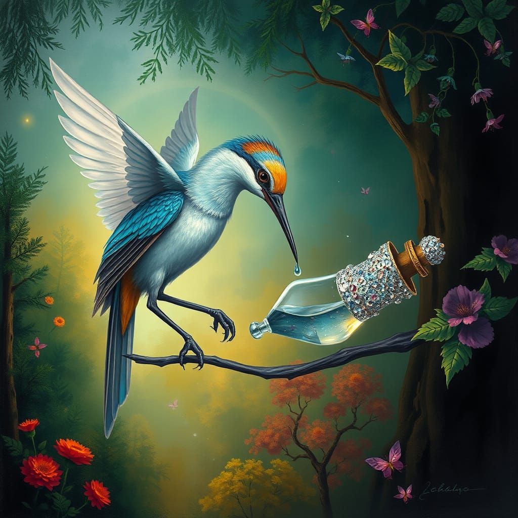 Mythical Bird Sips Tears Amidst Vibrant Forest