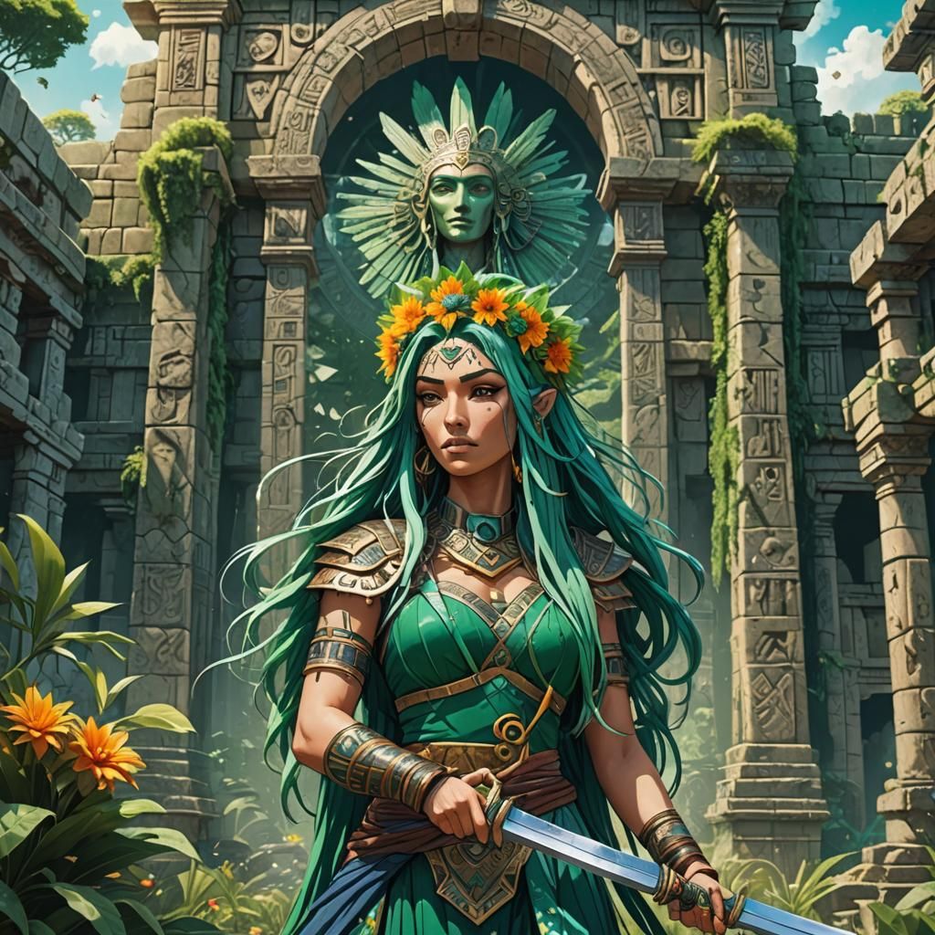 Anime Woman in Mesoamerican Ruins with Sword
