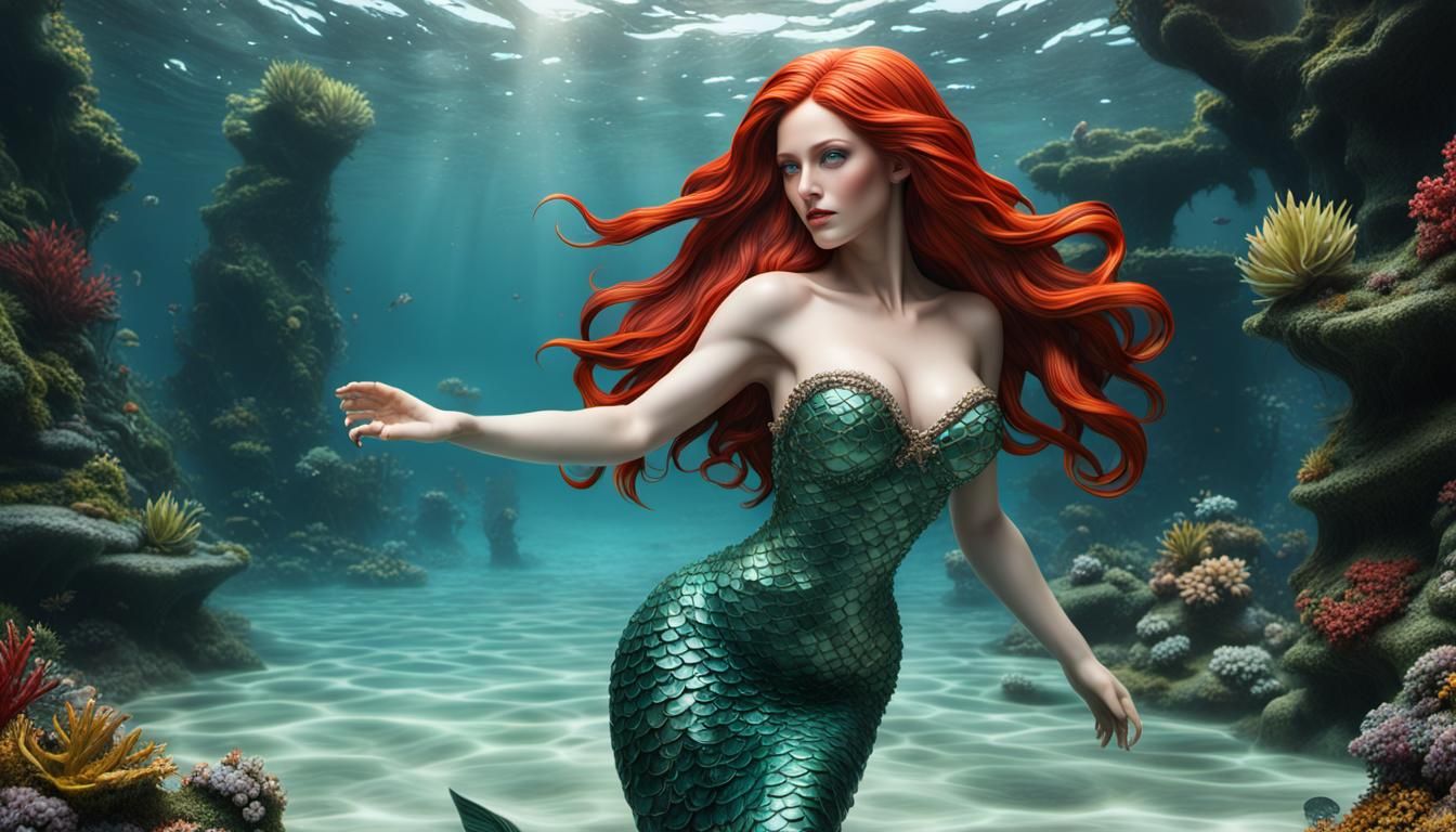 Hyper Realistic Red-Haired Mermaid Goddess in Tropical Haven