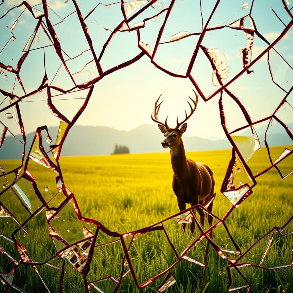 Deer in Meadow Seen Through Shattered Glass