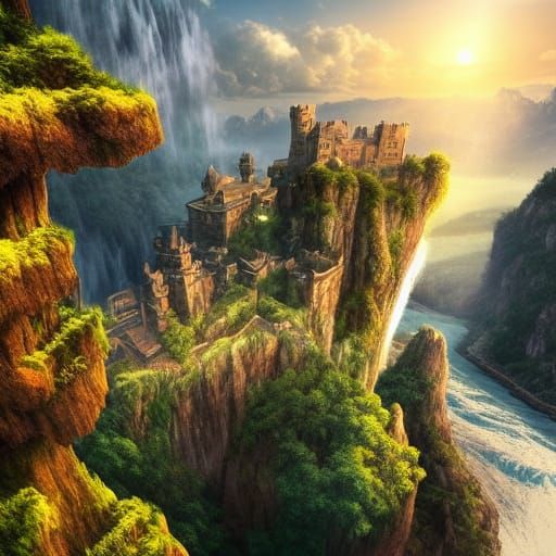 Floating Castle with Waterfalls in Golden Light
