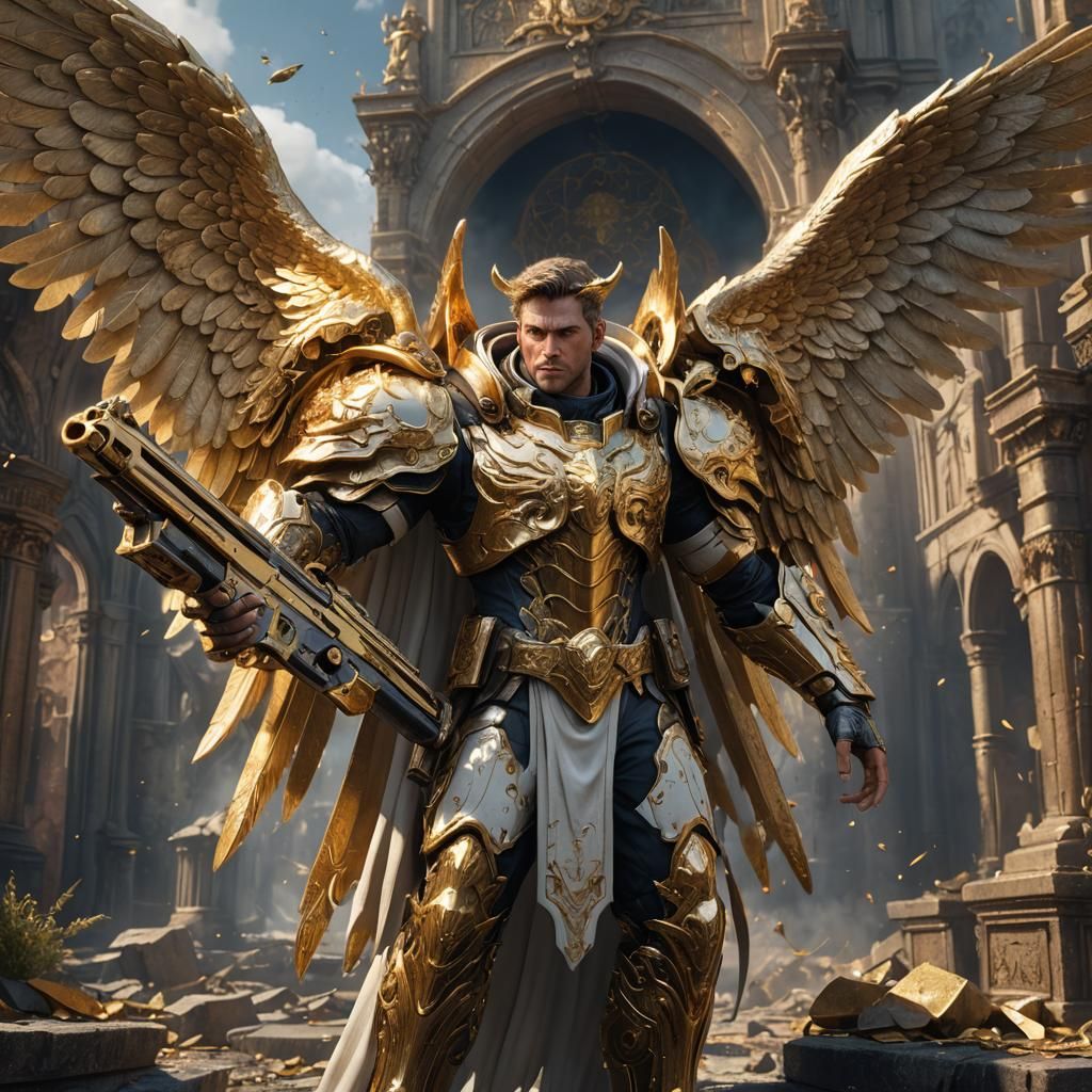 Male Angel with Golden Gun: Fantasy Art