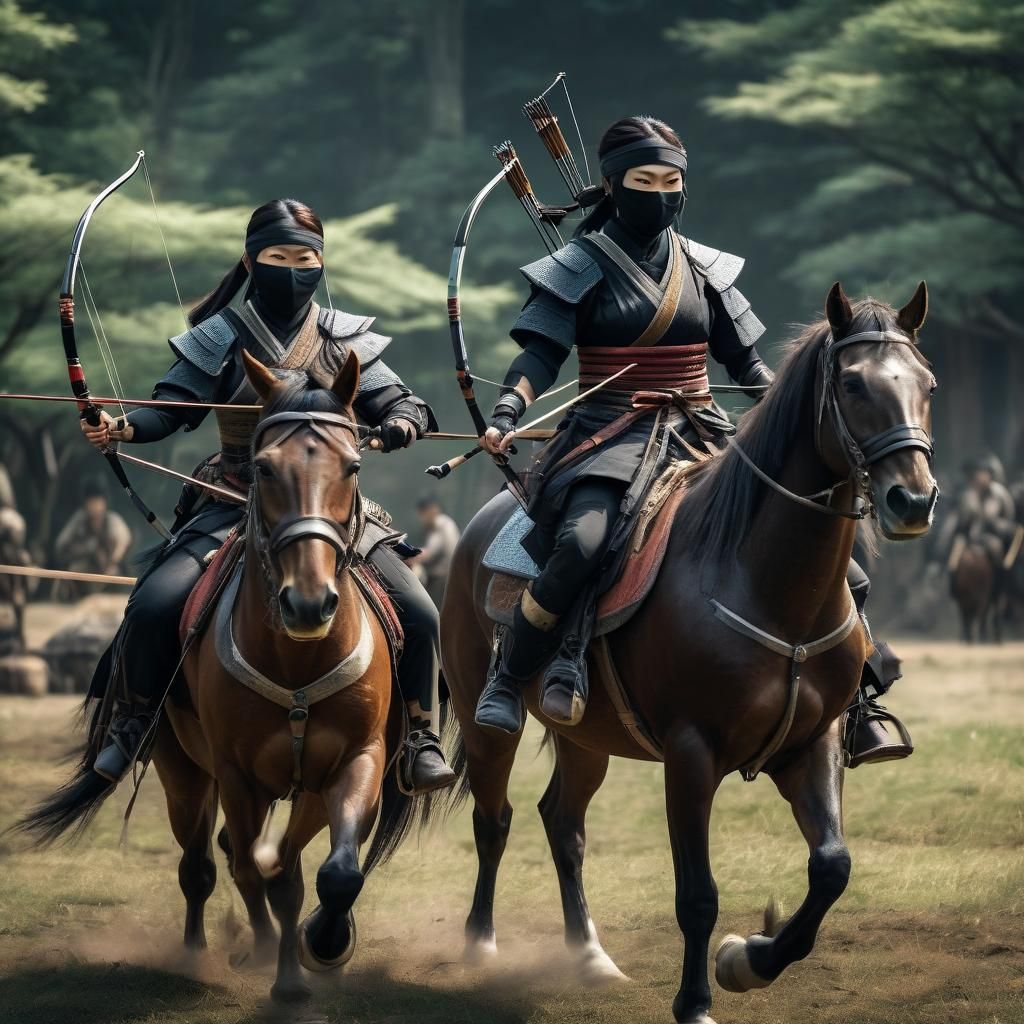 Hyperrealistic Ninja Girls Learn Archery on Horseback