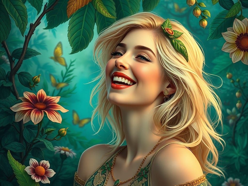 Whimsical Blond Goddess in Art Nouveau Greens
