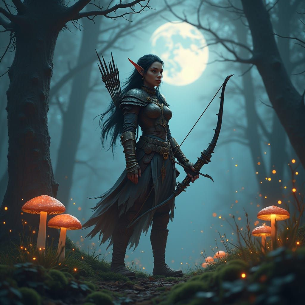 Majestic Dark-Skinned Ranger Elf in Moonlit Forest