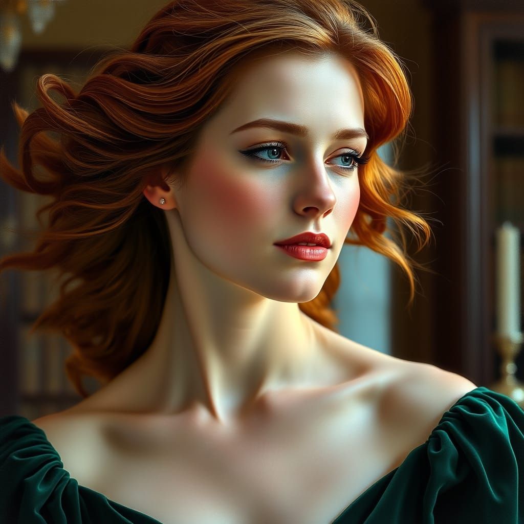 Elegant Woman in Velvet Gown: Classical Oil Painting Style