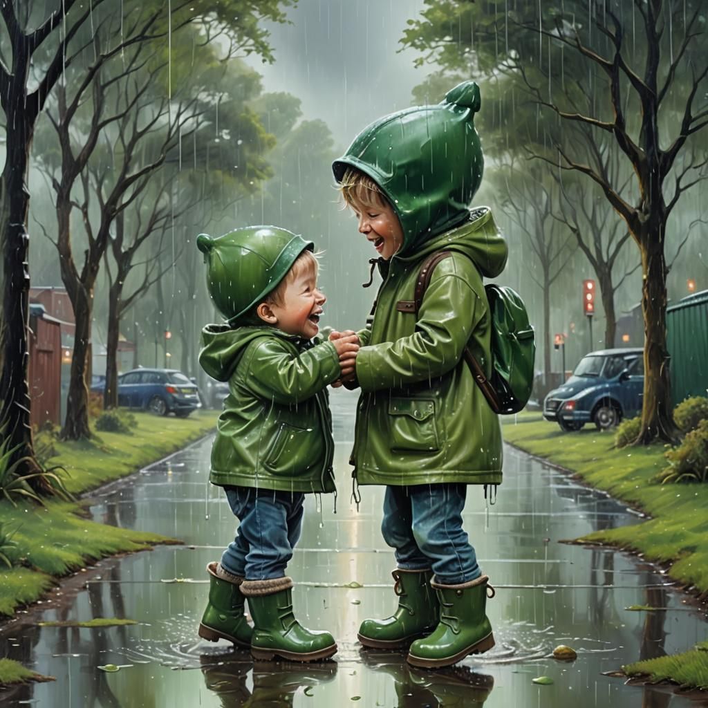 Boy Kisses Laughing Green Alien in Rain, Surreal Oil