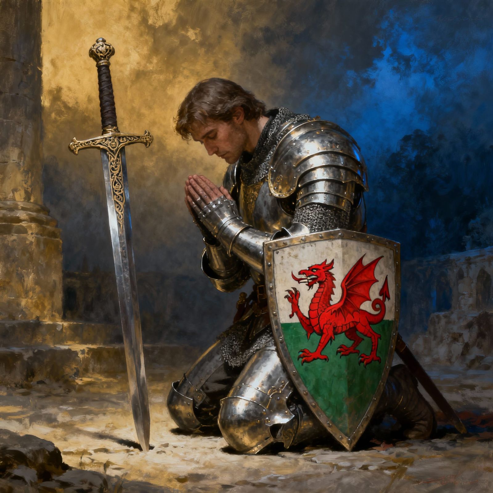 Welsh Knight in Prayer with Sword and Shield