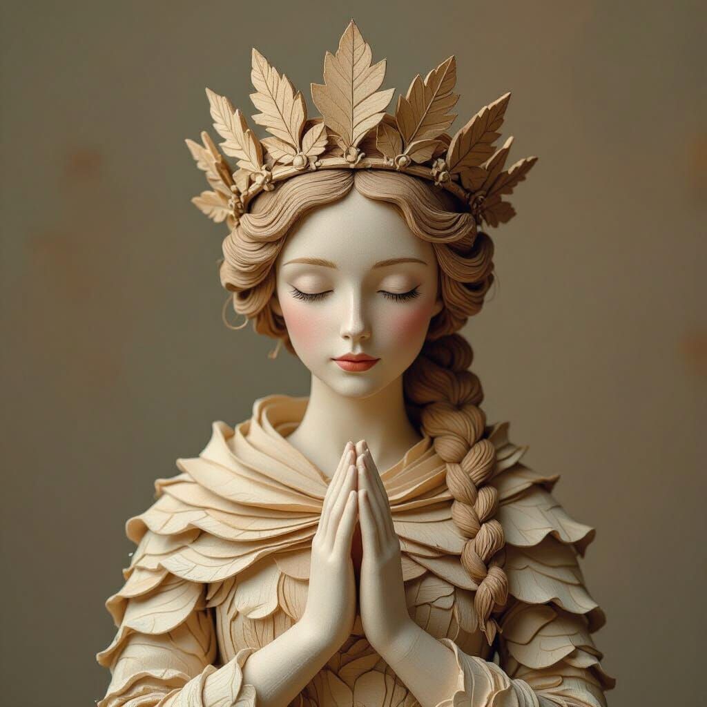 Wooden Queen with Carved Leaf Crown and Shaved Dress