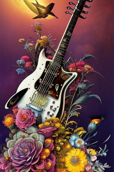 Steampunk Guitar Explosion in Art Nouveau Style