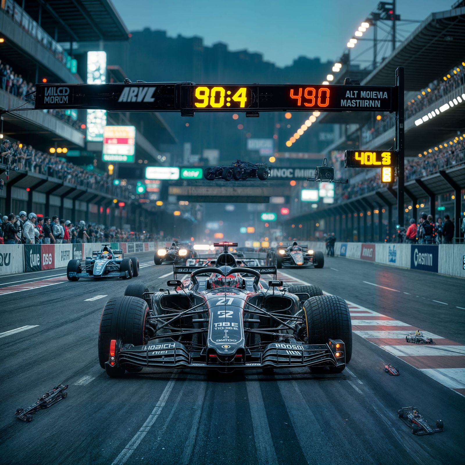 Formula One Car on Gritty Cyberpunk Racetrack