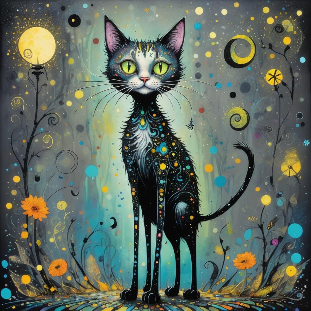 Whimsical Cat in Pointillist Fantasy Style