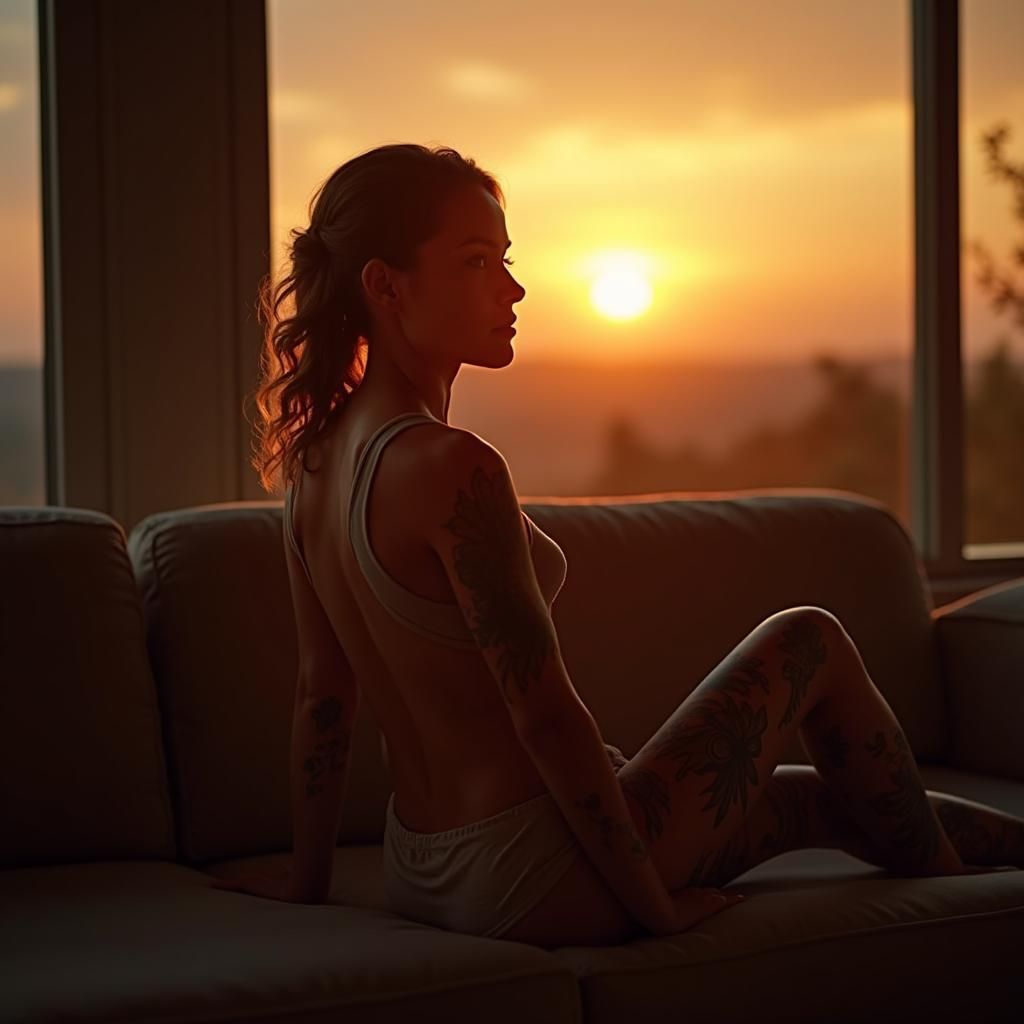 Tattooed Woman Watches Sunrise from Couch