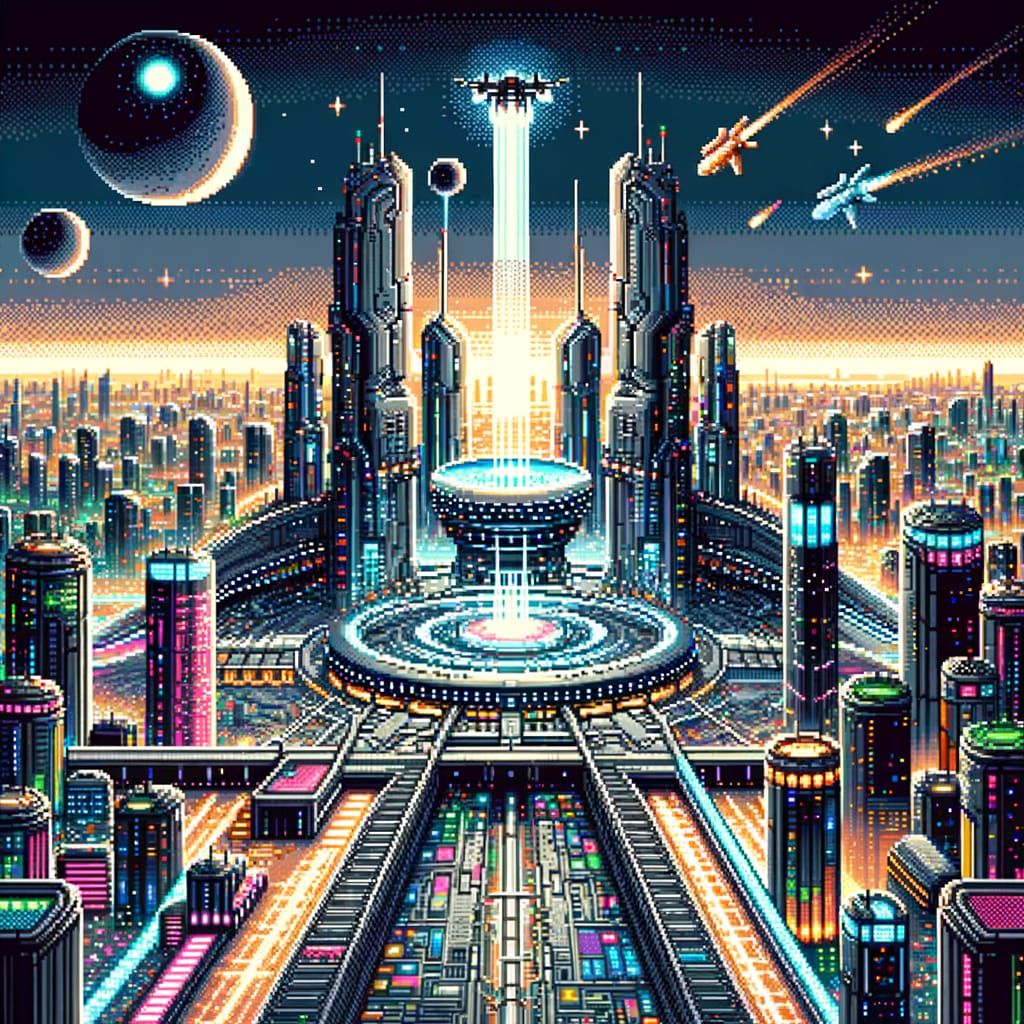 8-Bit Pixel Art of Futuristic Dystopian City