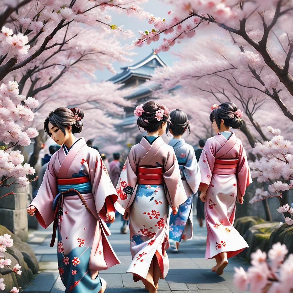 Miniature People in Cherry Blossom, Anime Style