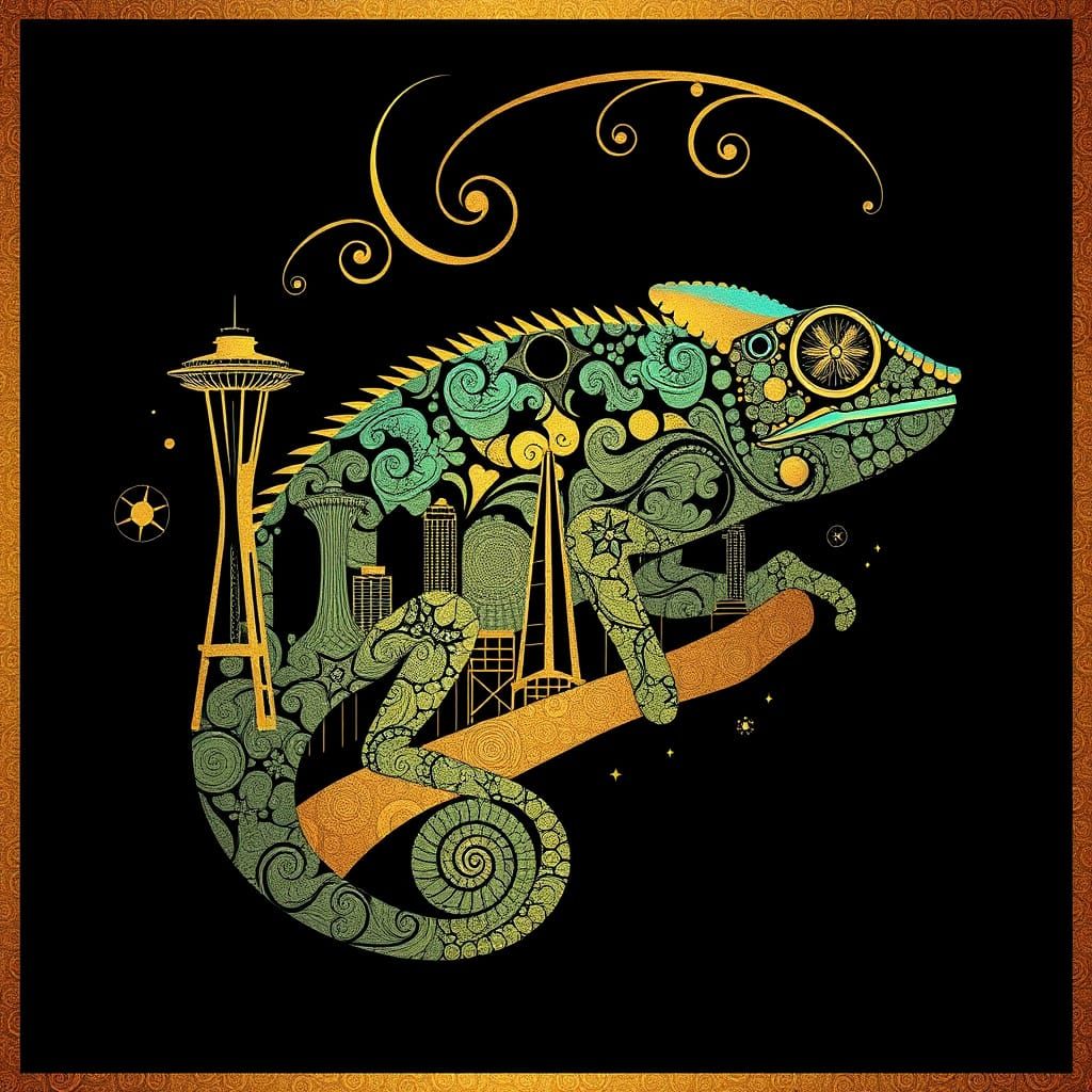 Seattle Cityscape Morphs into Iridescent Chameleon