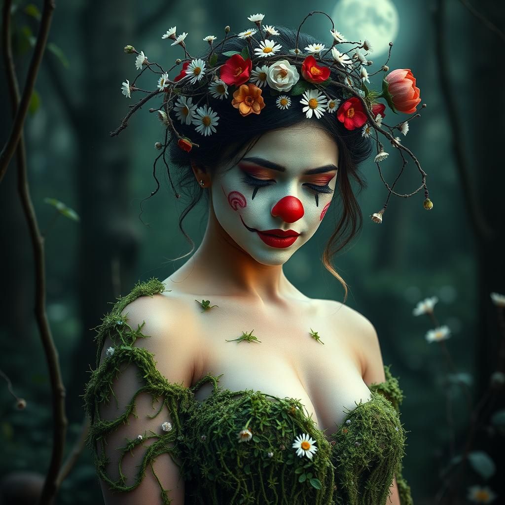 Moonlit Forest Clown in a Whimsical Style