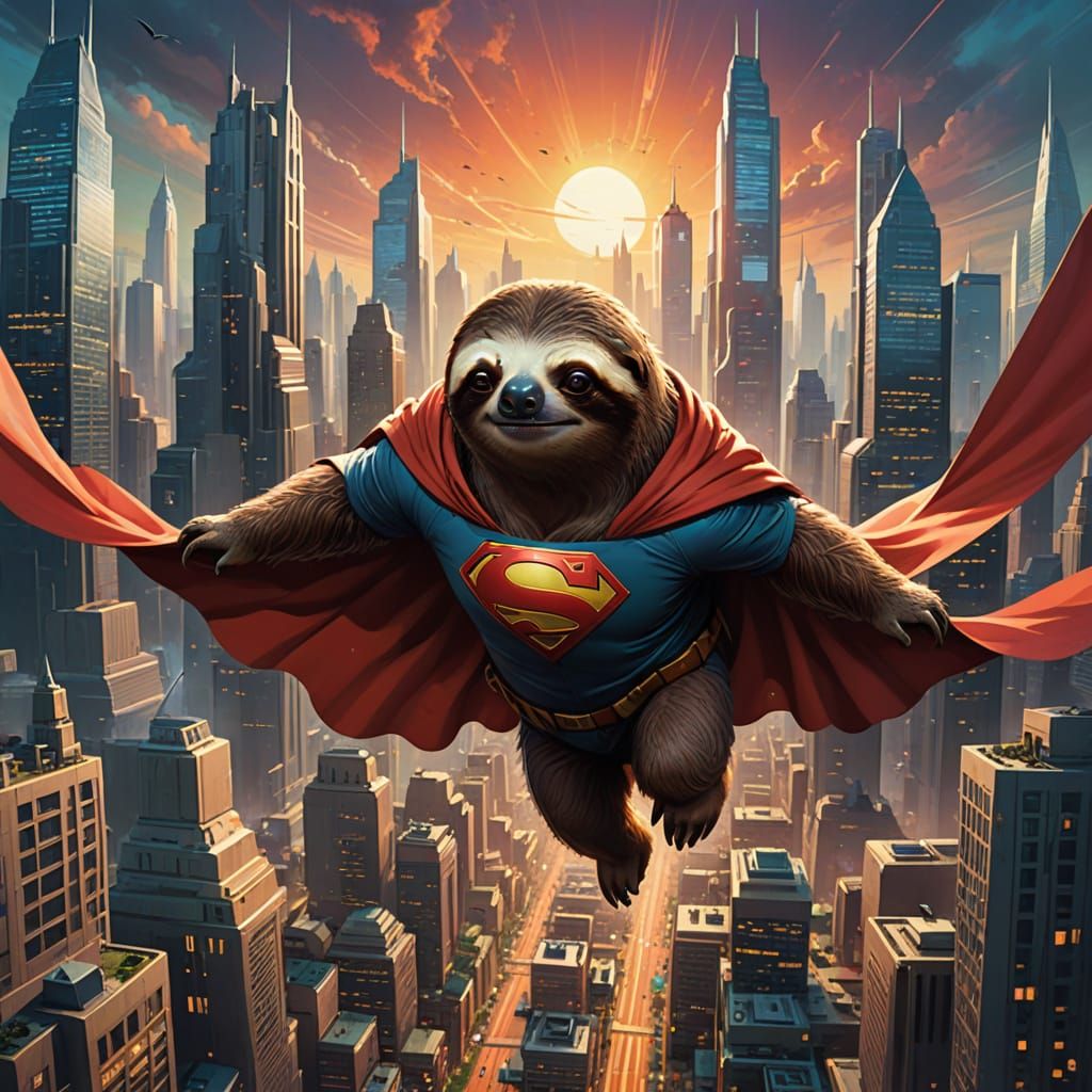 Superhero Sloth Flying Over Dreamy Metropolis