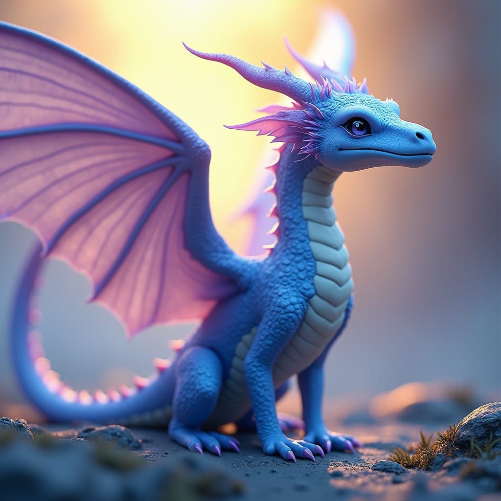 Light Blue Dragon with Butterfly Wings, Fantasy Art