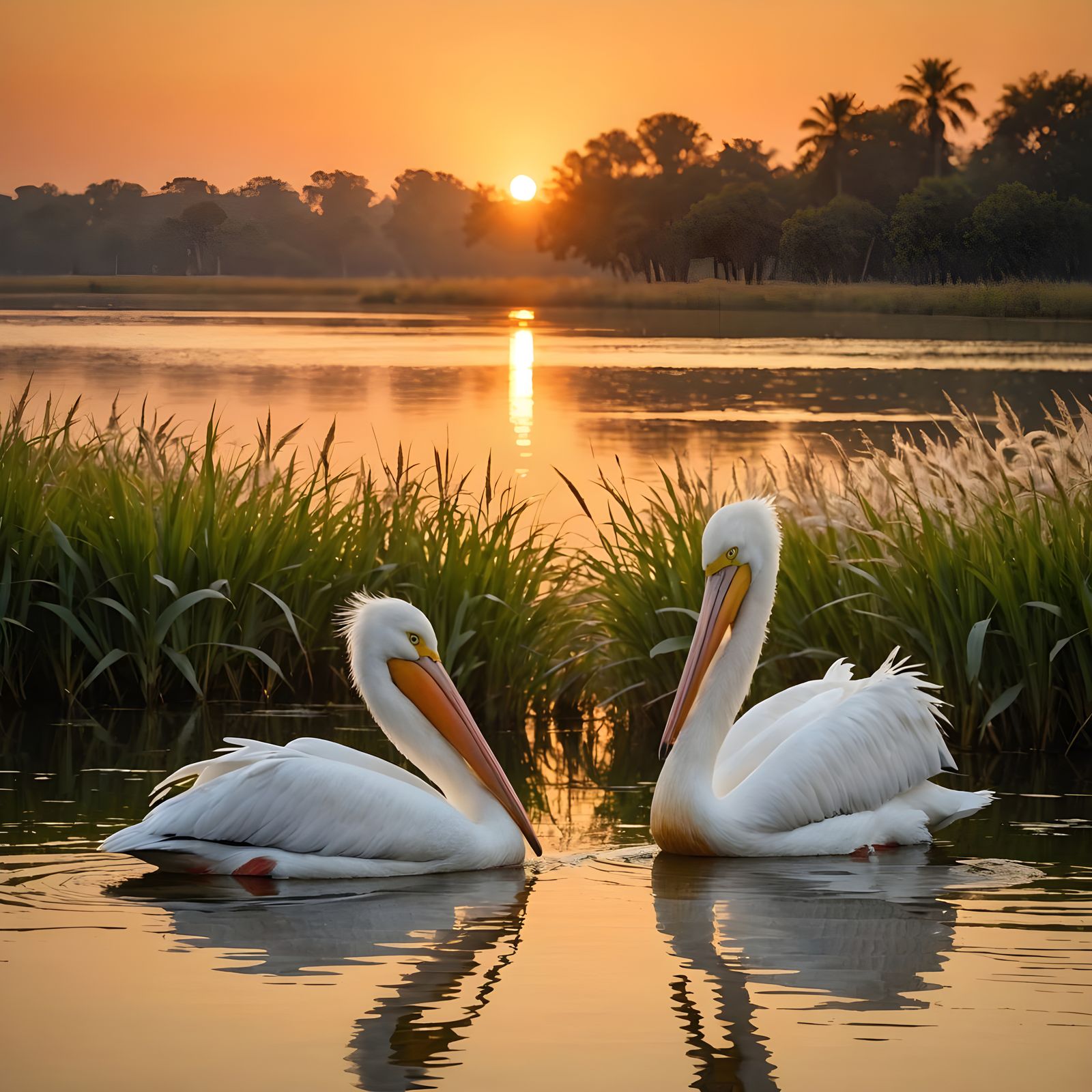 White Pelicans in Dreamy Lakeside Landscape
