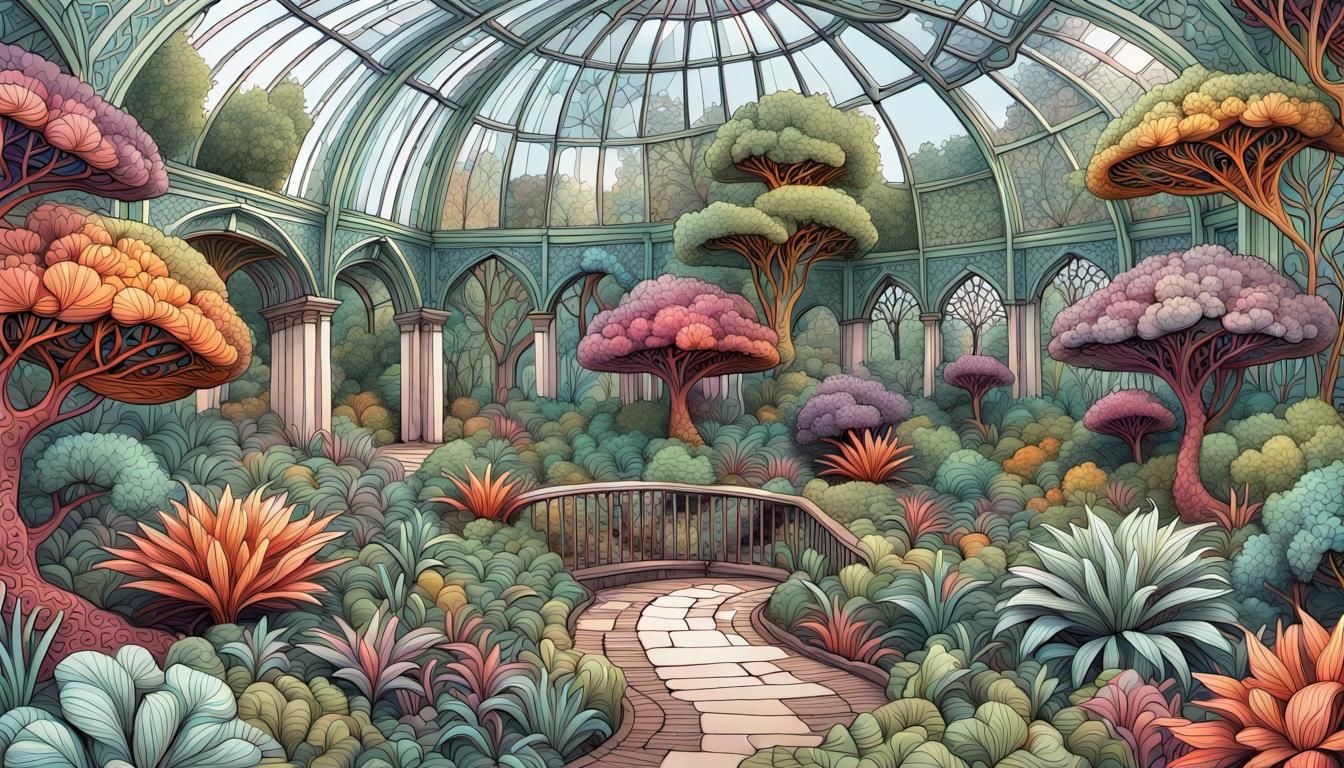 Glasgow Botanic Gardens: Ink Drawing with Pastel Accents