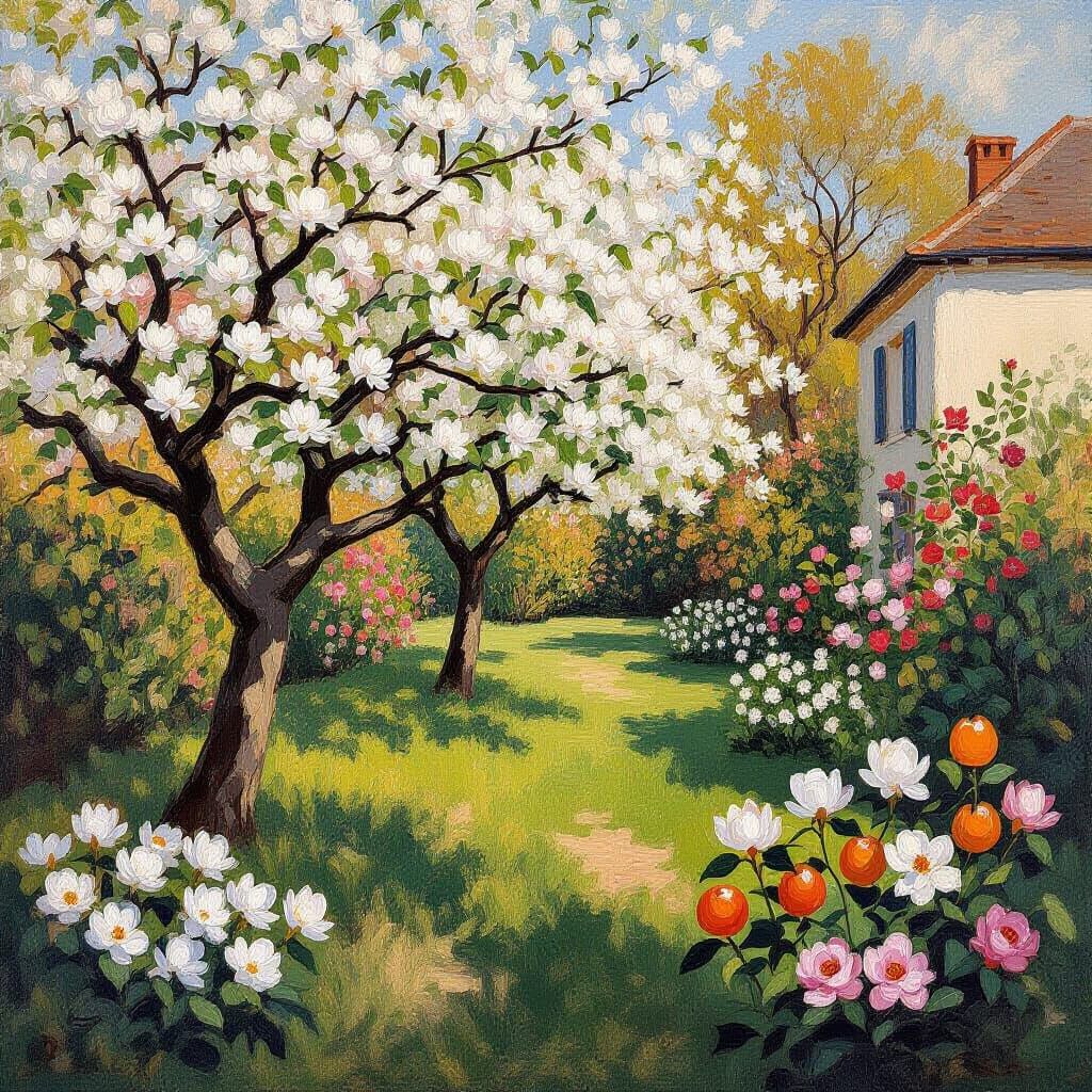 A garden scene full of pear fruits and licorice woods. 

Pea...