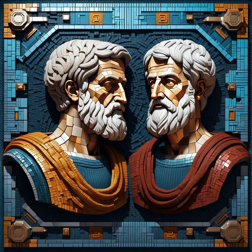 Mosaic of Plato and Aristotle in Knitted Mech Style