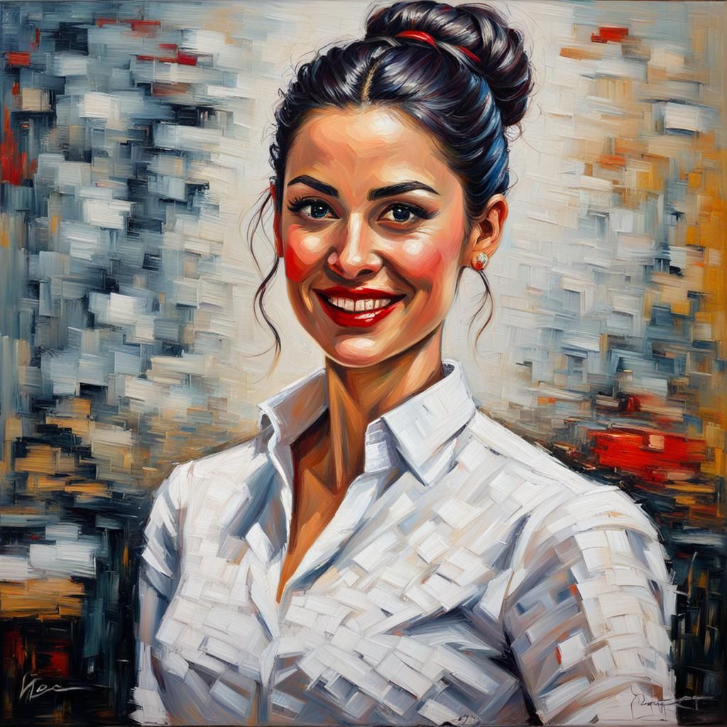Smiling Woman in Office: Expressionist Oil Painting