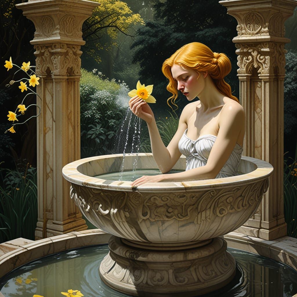 Startled Woman Bathing in Garden Fountain: Art Nouveau Style