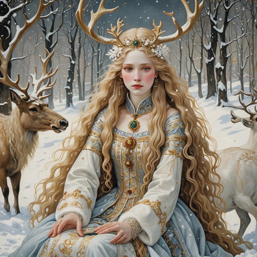 Snow Queen on Reindeer in Klimt Style
